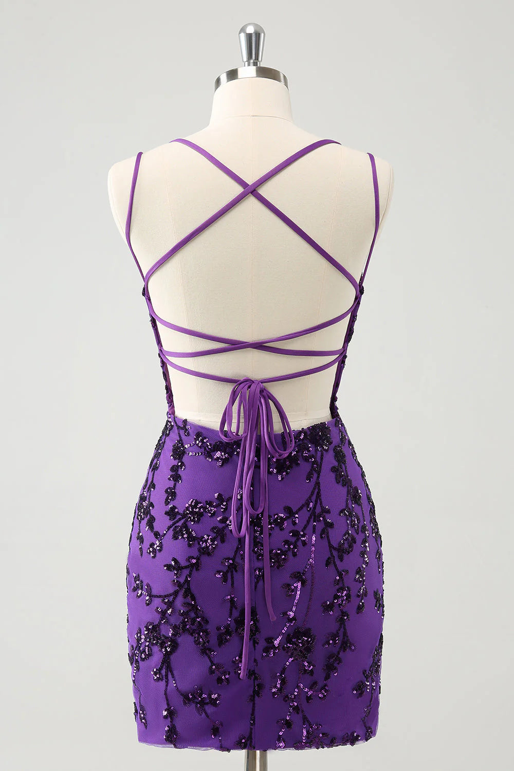 Amzcw Sparkly Purple Spaghetti Straps Tight Short Homecoming Dress with Appliques