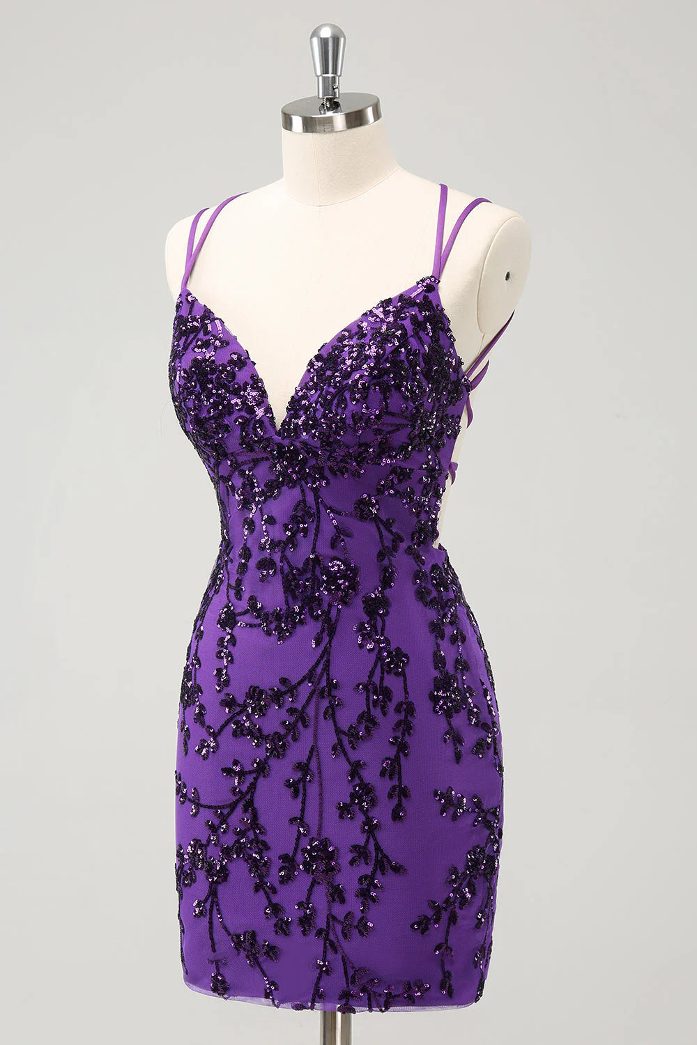 Amzcw Sparkly Purple Spaghetti Straps Tight Short Homecoming Dress with Appliques