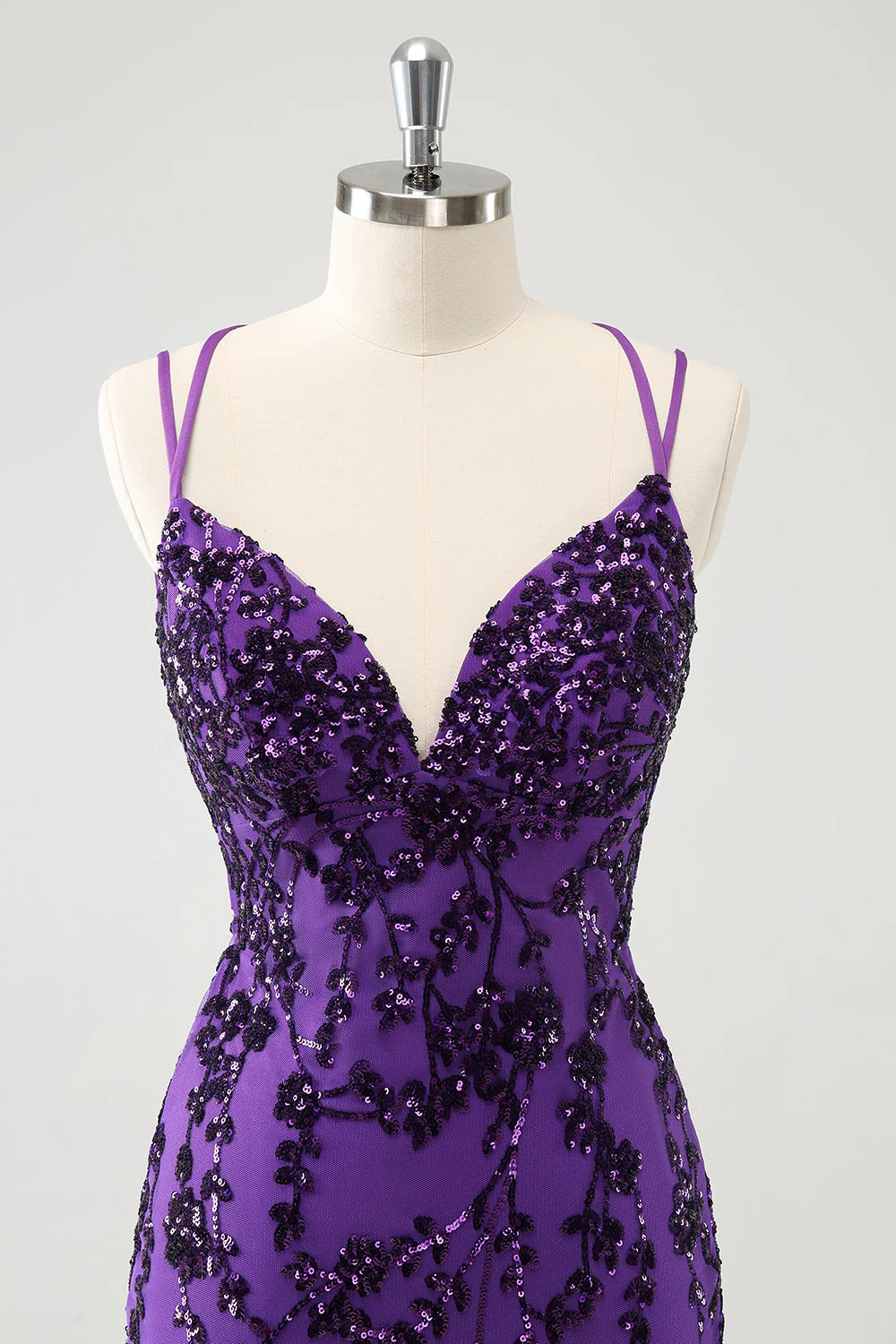 Amzcw Sparkly Purple Spaghetti Straps Tight Short Homecoming Dress with Appliques