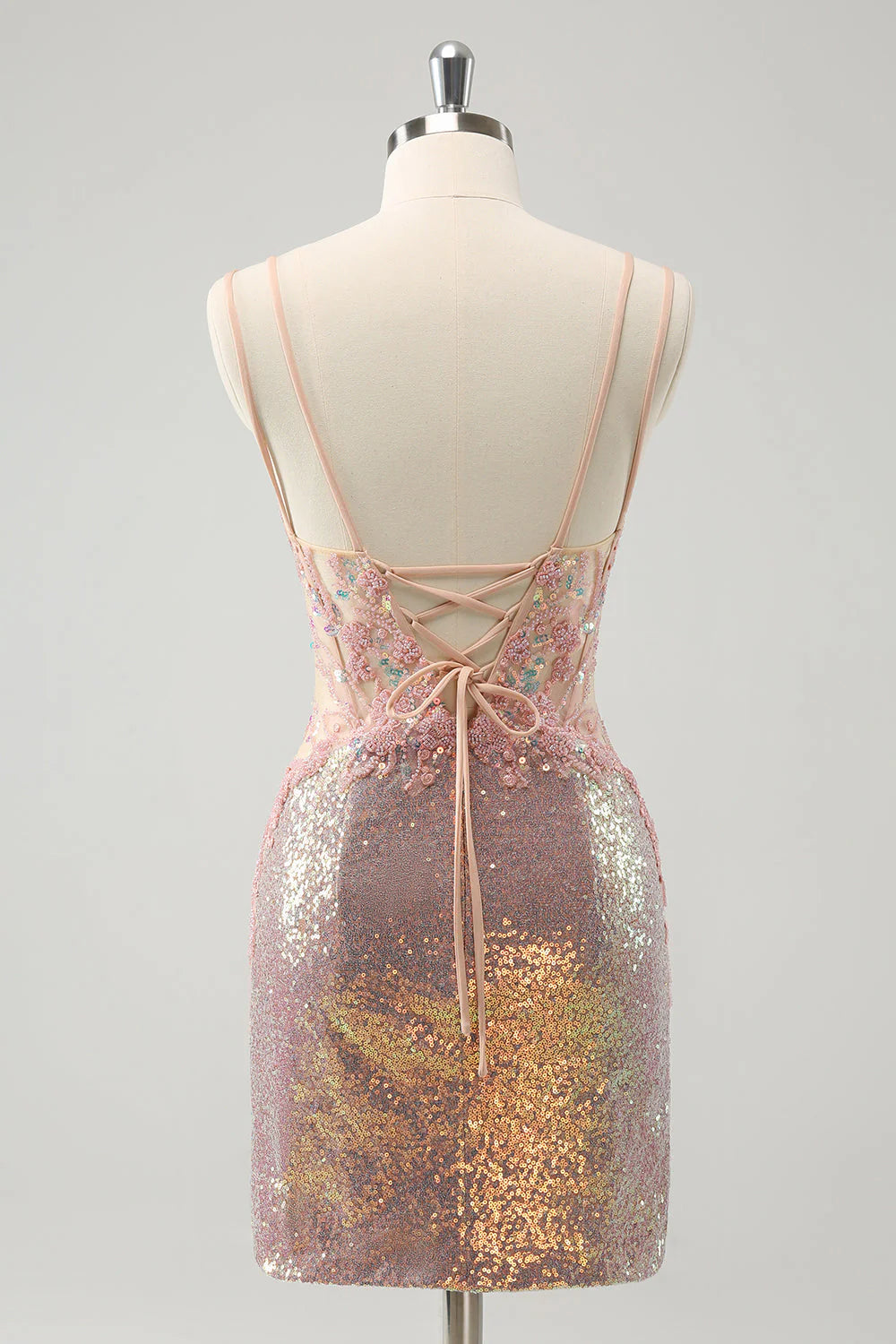 Amzcw Sparkly Blush Spaghetti Straps Tight Short Homecoming Dress with Lace-Up Back
