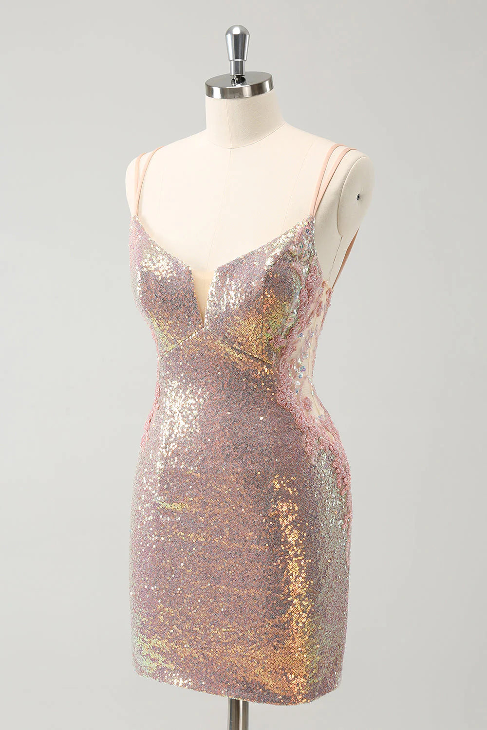 Amzcw Sparkly Blush Spaghetti Straps Tight Short Homecoming Dress with Lace-Up Back