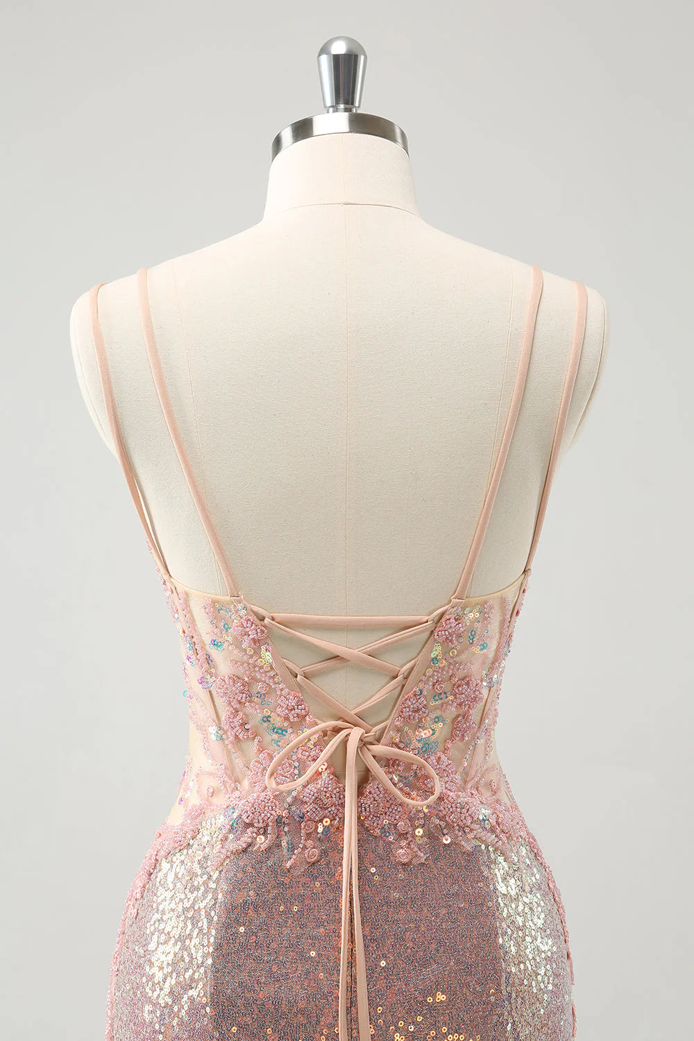Amzcw Sparkly Blush Spaghetti Straps Tight Short Homecoming Dress with Lace-Up Back
