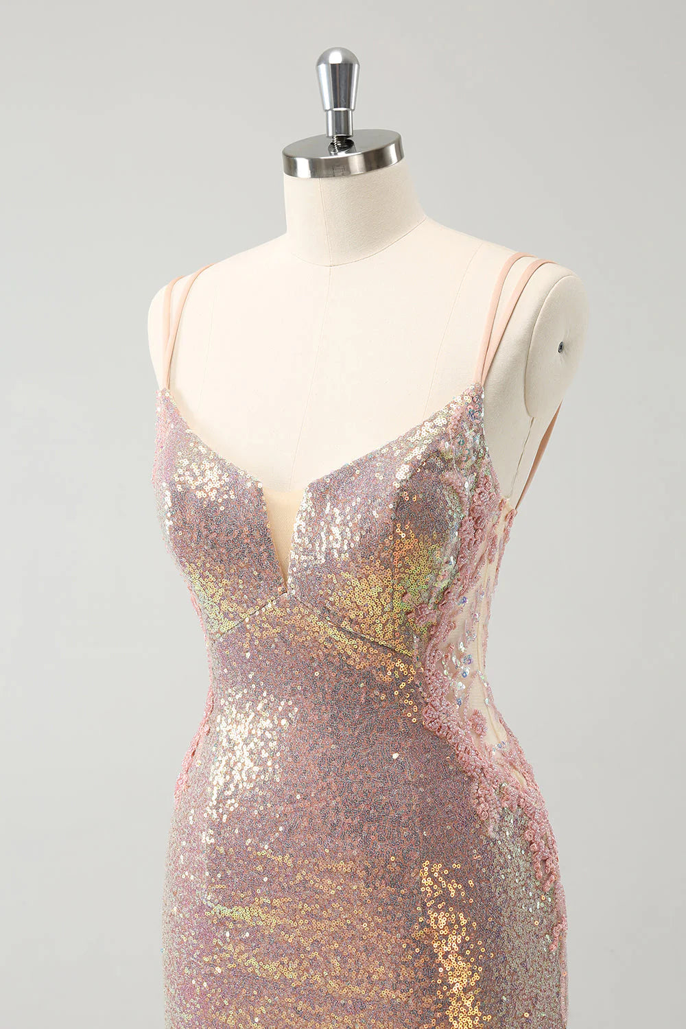 Amzcw Sparkly Blush Spaghetti Straps Tight Short Homecoming Dress with Lace-Up Back