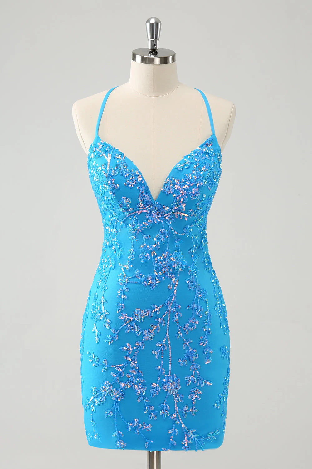 Amzcw Sparkly Sky Blue Tight Short Sequin Homecoming Dress with Lace-Up Back