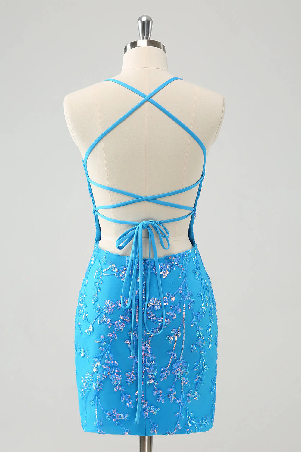 Amzcw Sparkly Sky Blue Tight Short Sequin Homecoming Dress with Lace-Up Back
