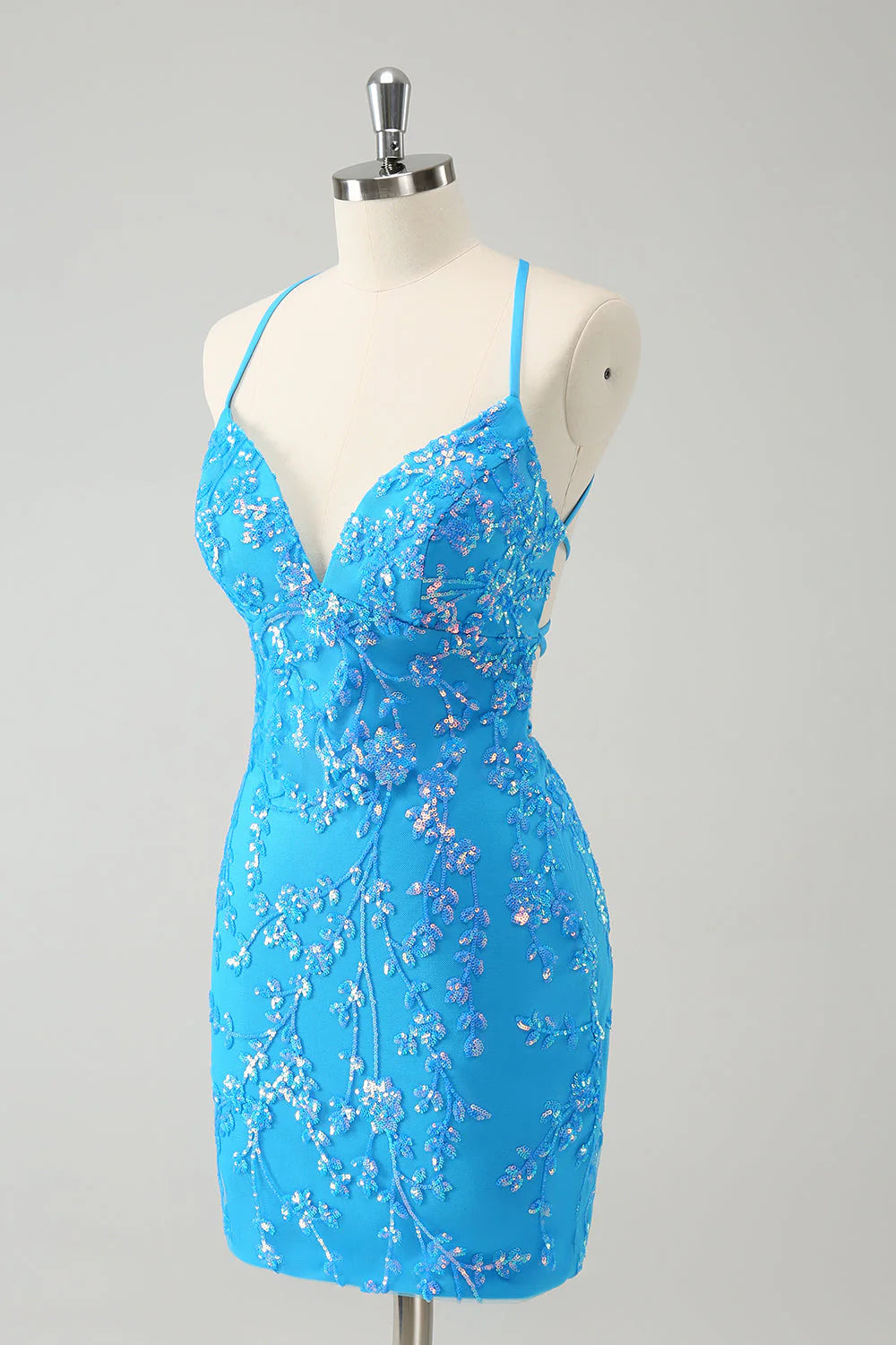 Amzcw Sparkly Sky Blue Tight Short Sequin Homecoming Dress with Lace-Up Back