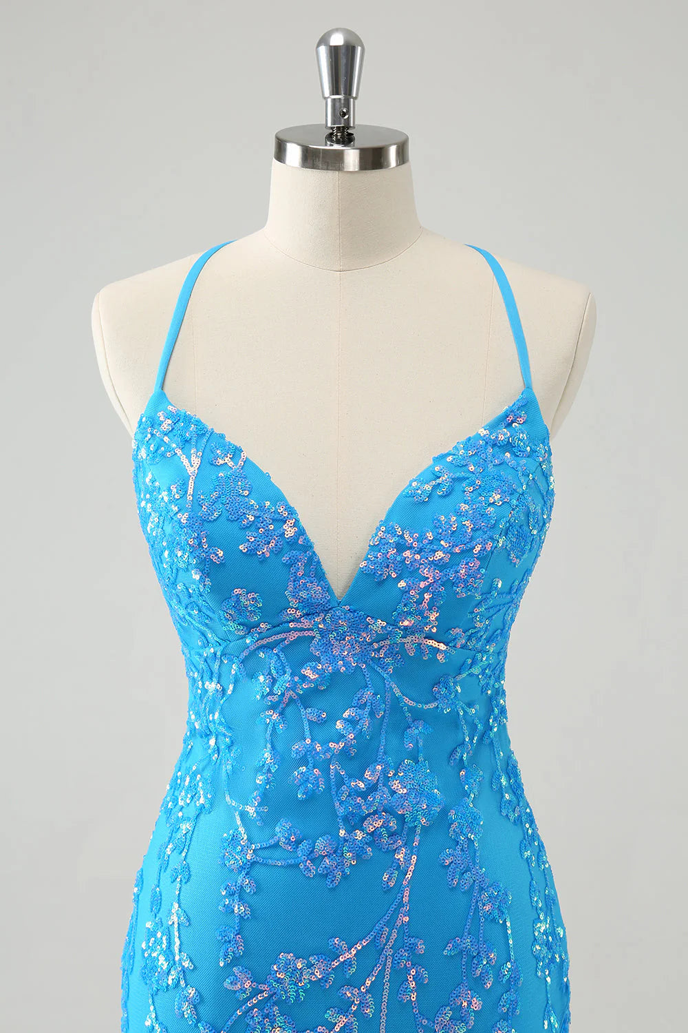 Amzcw Sparkly Sky Blue Tight Short Sequin Homecoming Dress with Lace-Up Back