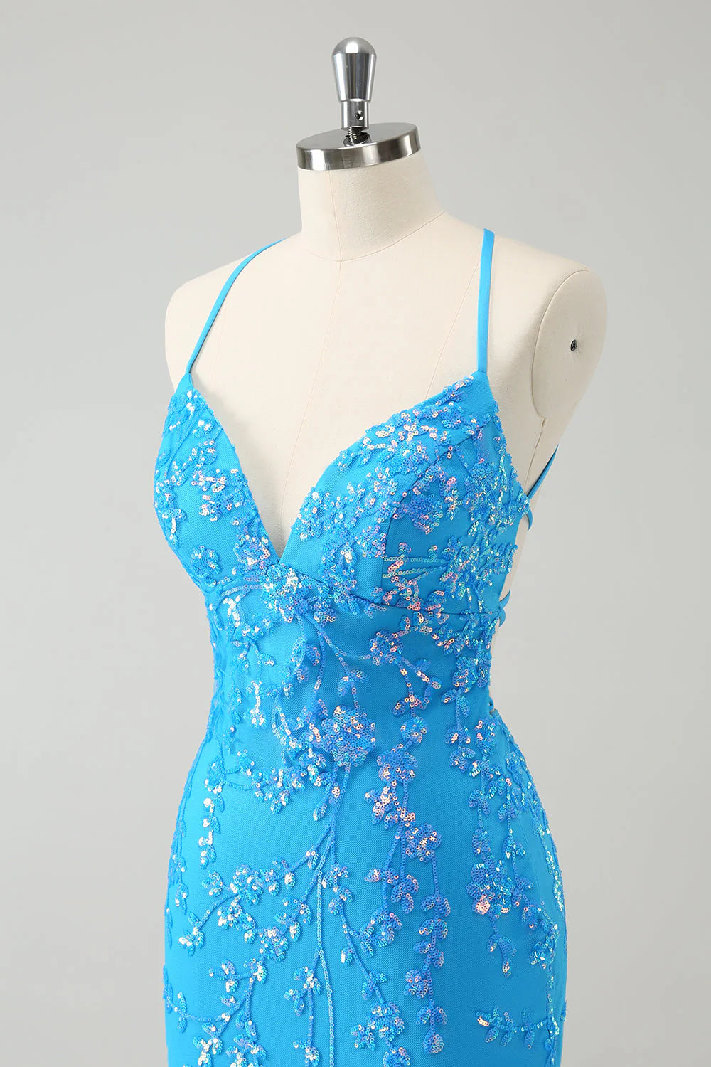 Amzcw Sparkly Sky Blue Tight Short Sequin Homecoming Dress with Lace-Up Back