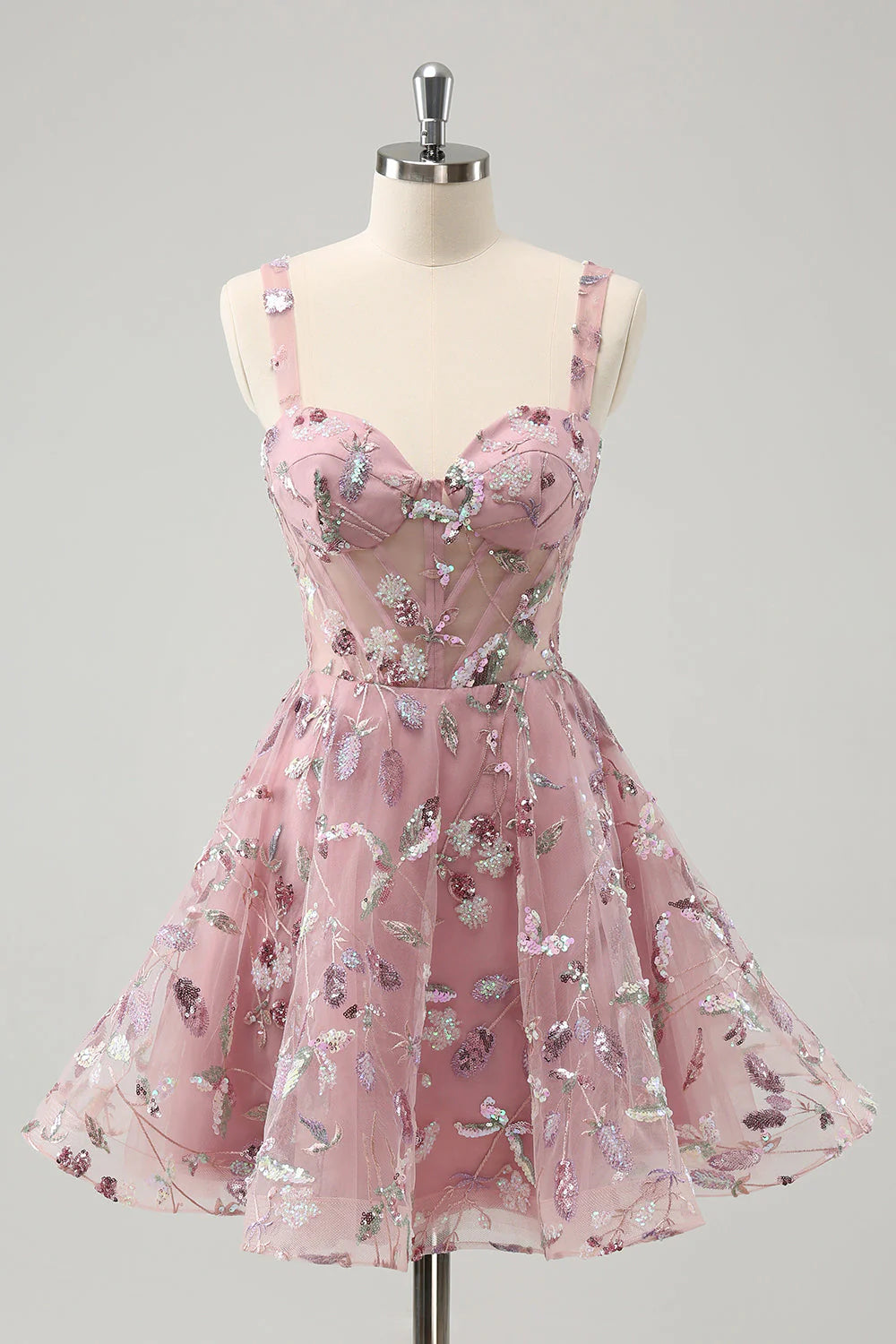 Amzcw Blush A Line Spaghetti Straps Short Corset Homecoming Dress with Sequins