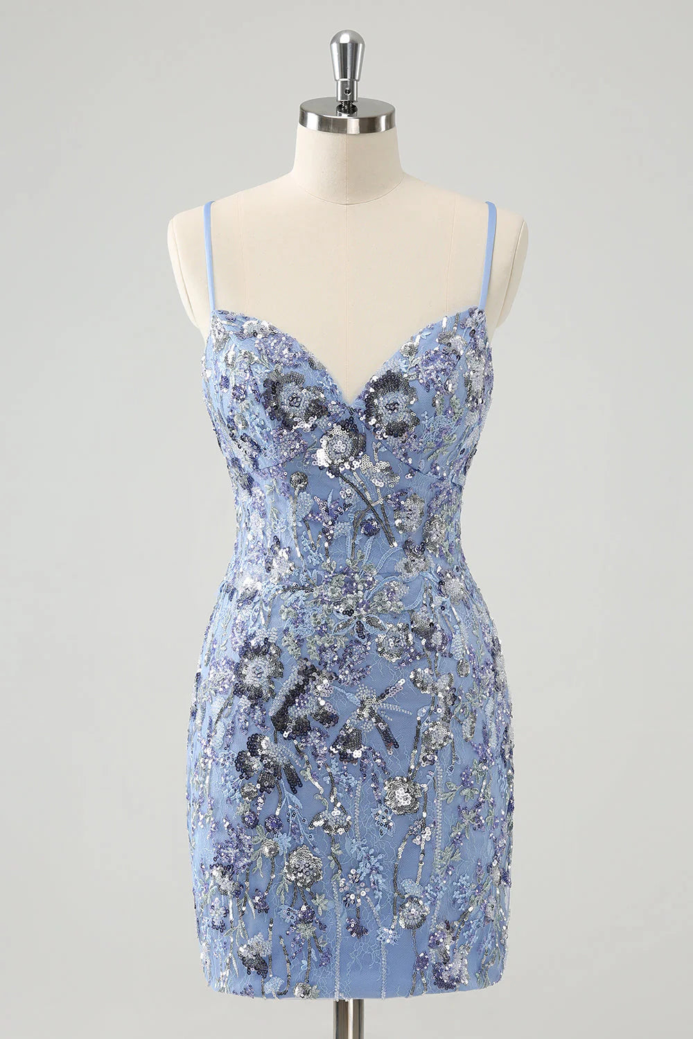 Amzcw Grey Blue Spaghetti Straps Short Tight Homecoming Dress with Appliqued Sequins