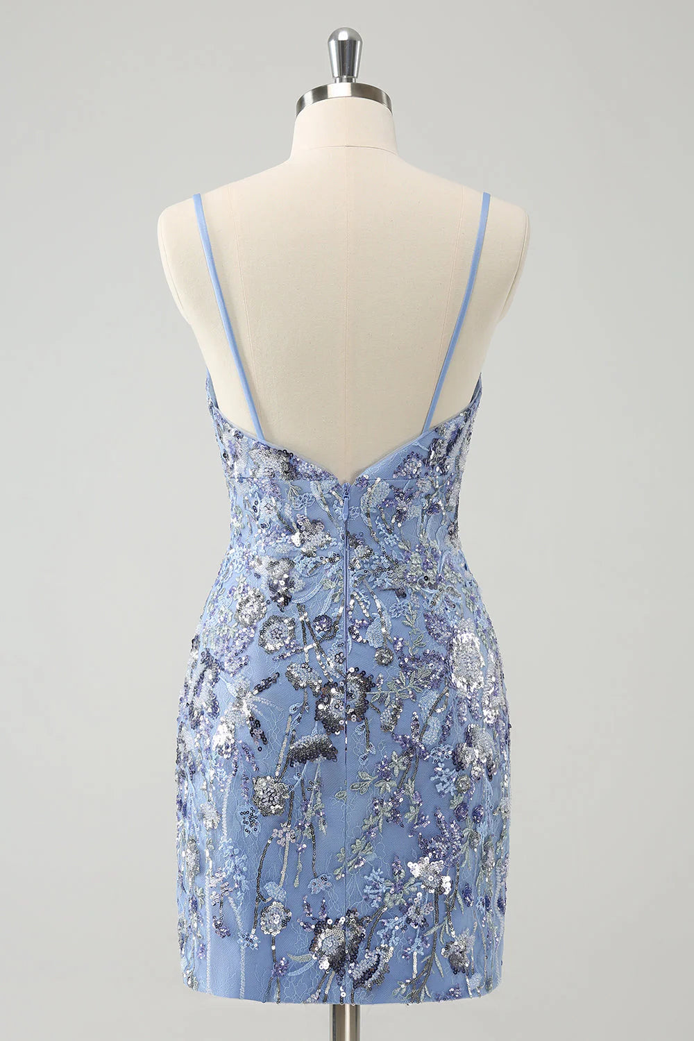 Amzcw Grey Blue Spaghetti Straps Short Tight Homecoming Dress with Appliqued Sequins