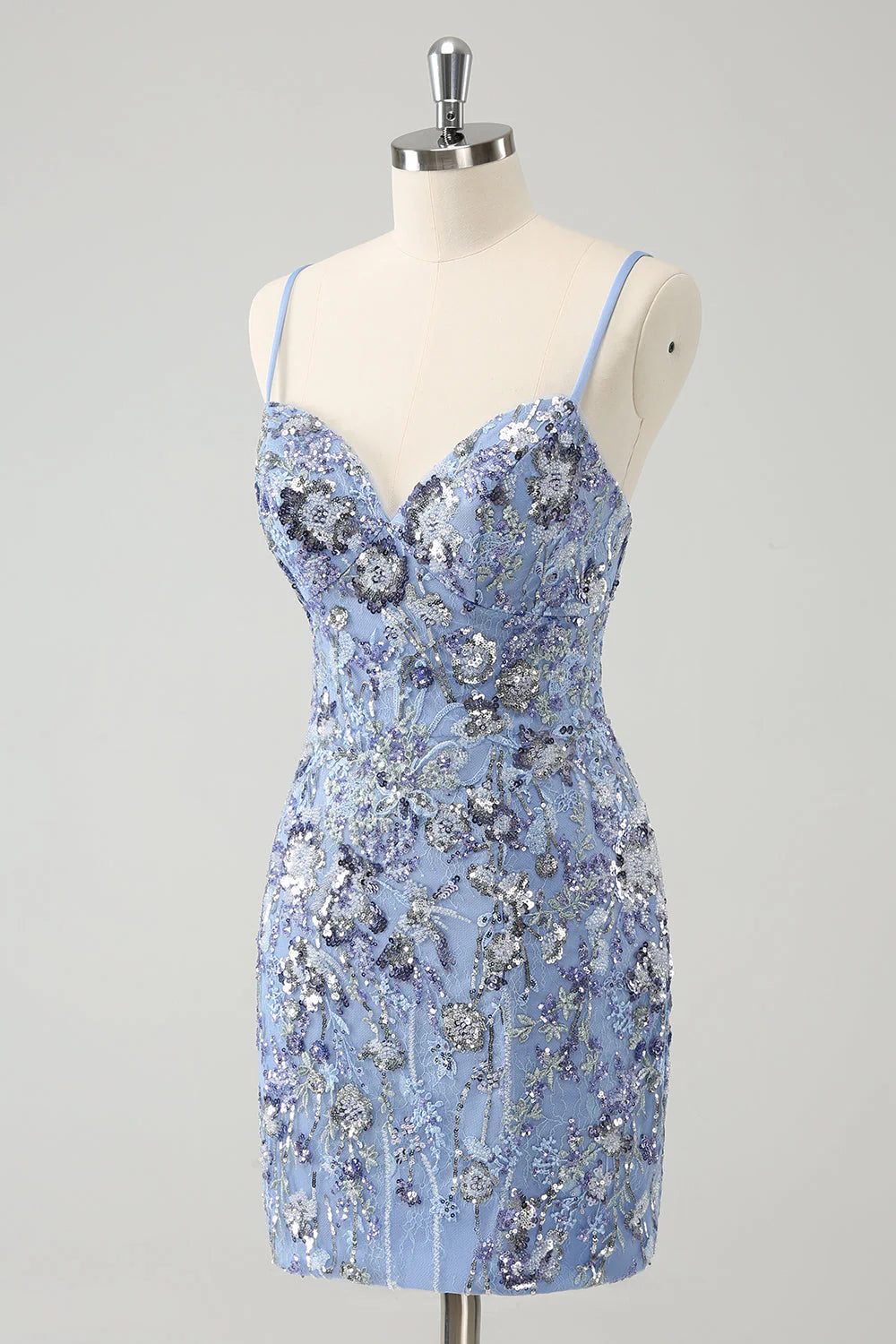Amzcw Grey Blue Spaghetti Straps Short Tight Homecoming Dress with Appliqued Sequins