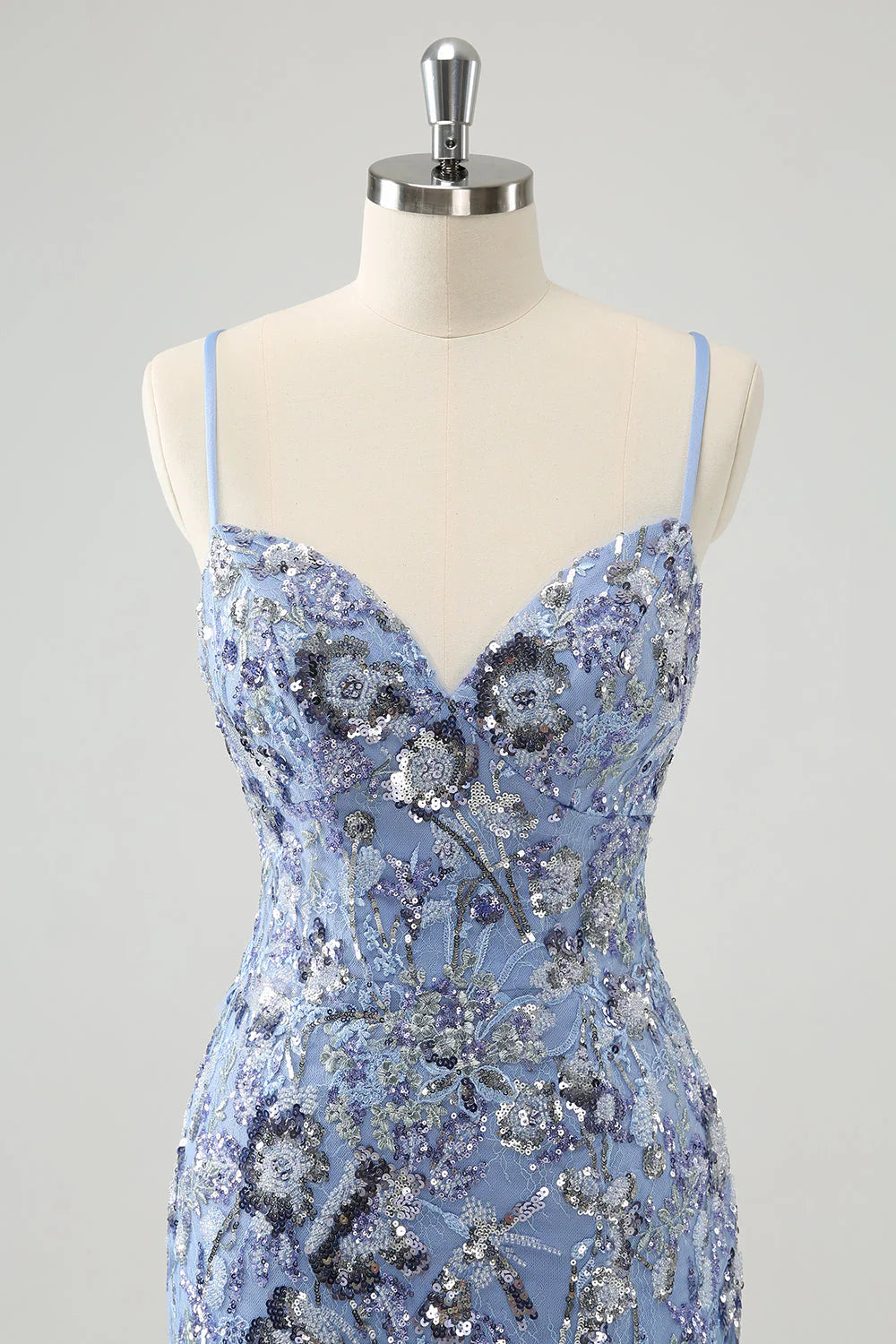 Amzcw Grey Blue Spaghetti Straps Short Tight Homecoming Dress with Appliqued Sequins