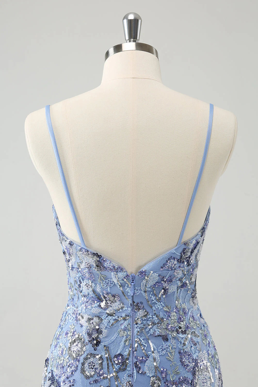 Amzcw Grey Blue Spaghetti Straps Short Tight Homecoming Dress with Appliqued Sequins