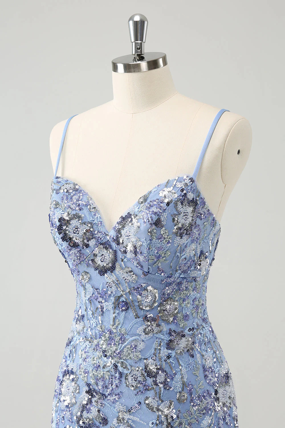 Amzcw Grey Blue Spaghetti Straps Short Tight Homecoming Dress with Appliqued Sequins