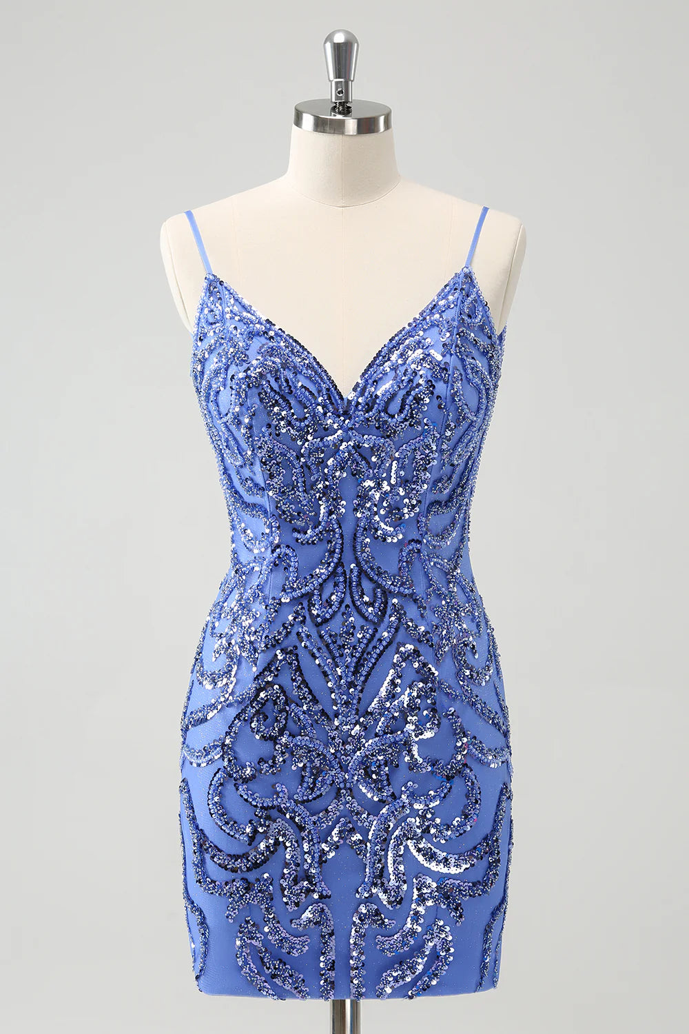 Amzcw Sparkly Blue Spaghetti Straps Tight Sequin Short Homecoming Dress