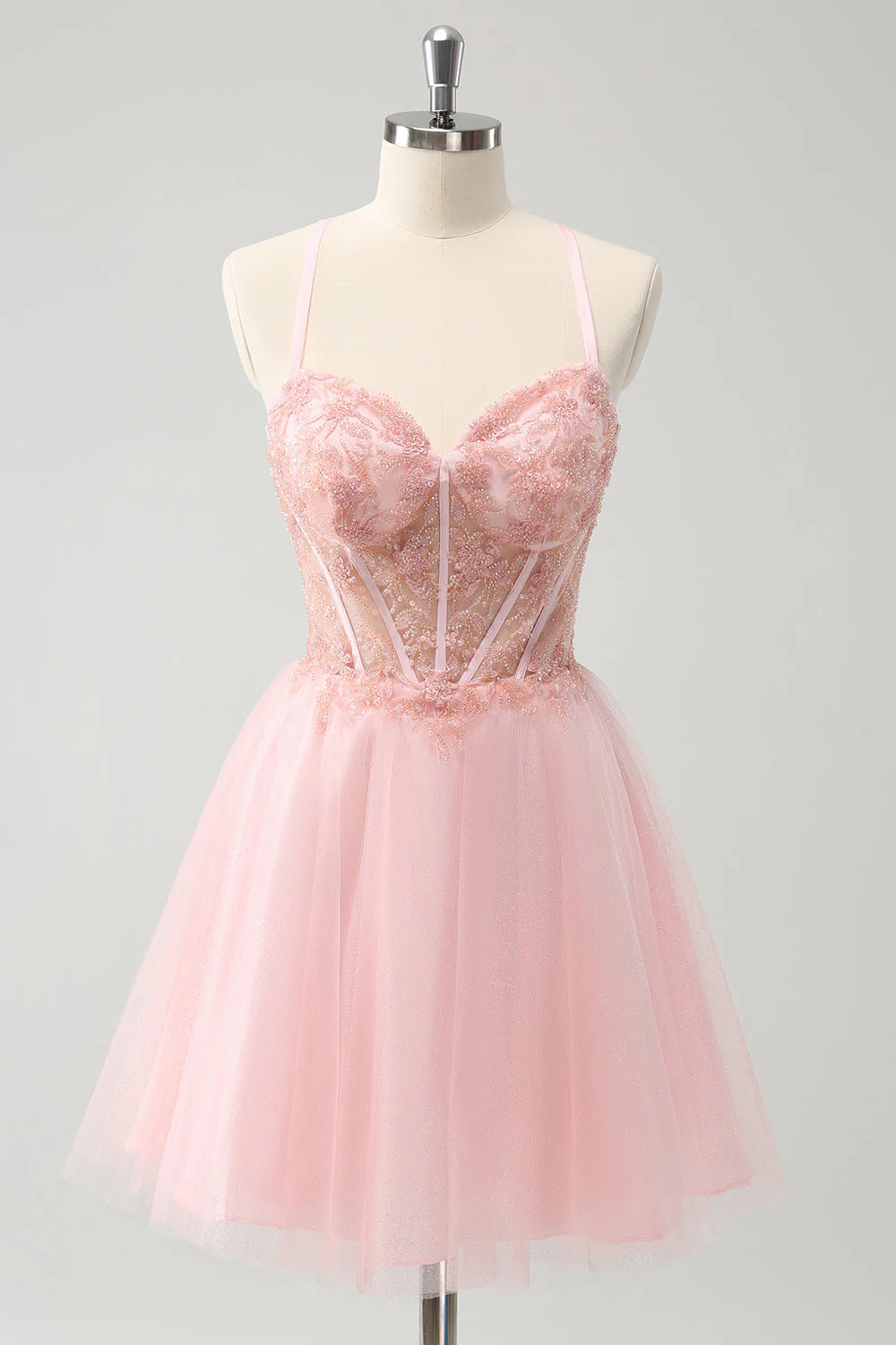 Amzcw Pink Tulle A Line Corset Short Homecoming Dress with Beading