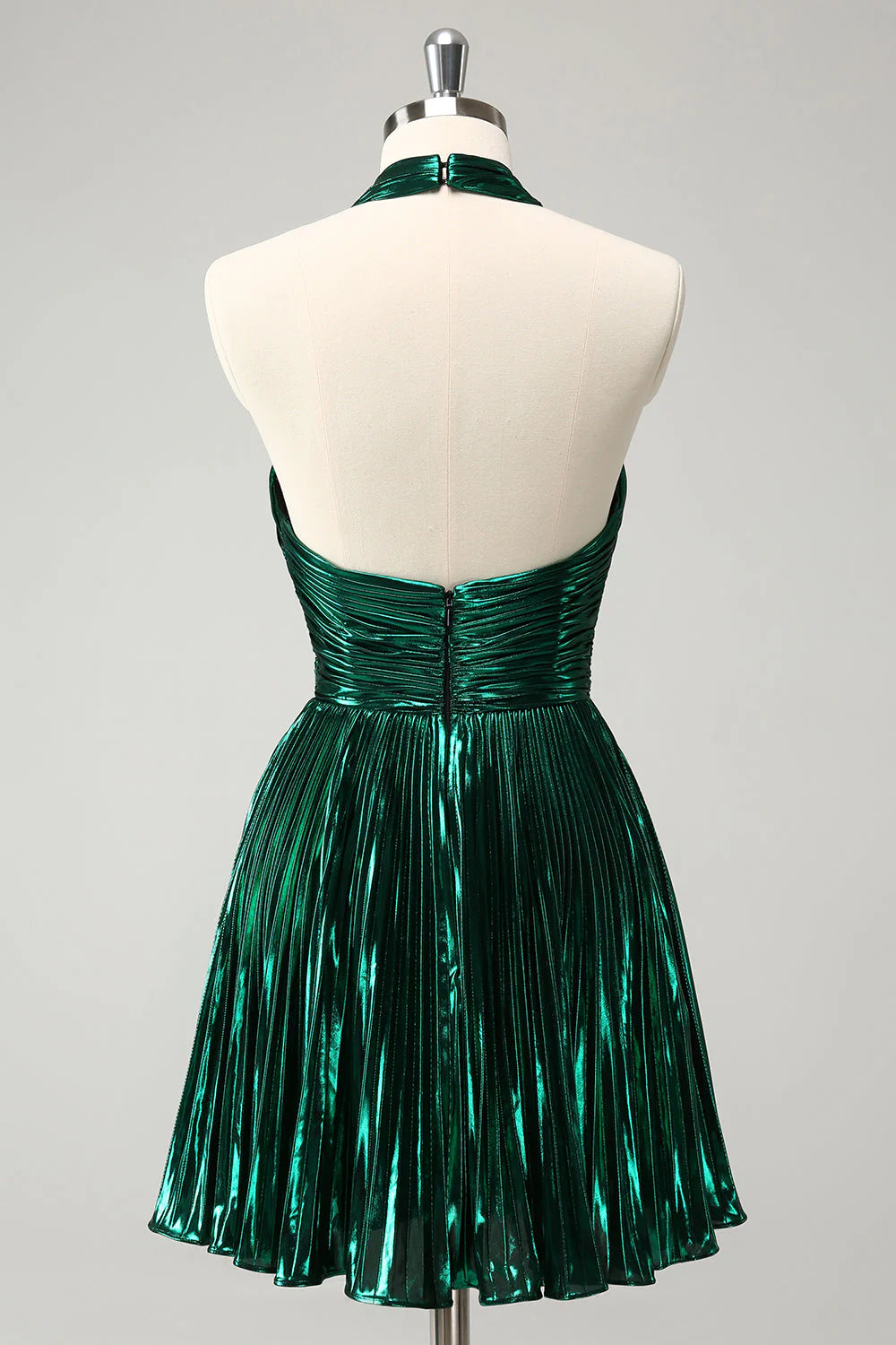 Amzcw Glitter Dark Green Halter A-Line Pleated Metallic Homecoming Dress