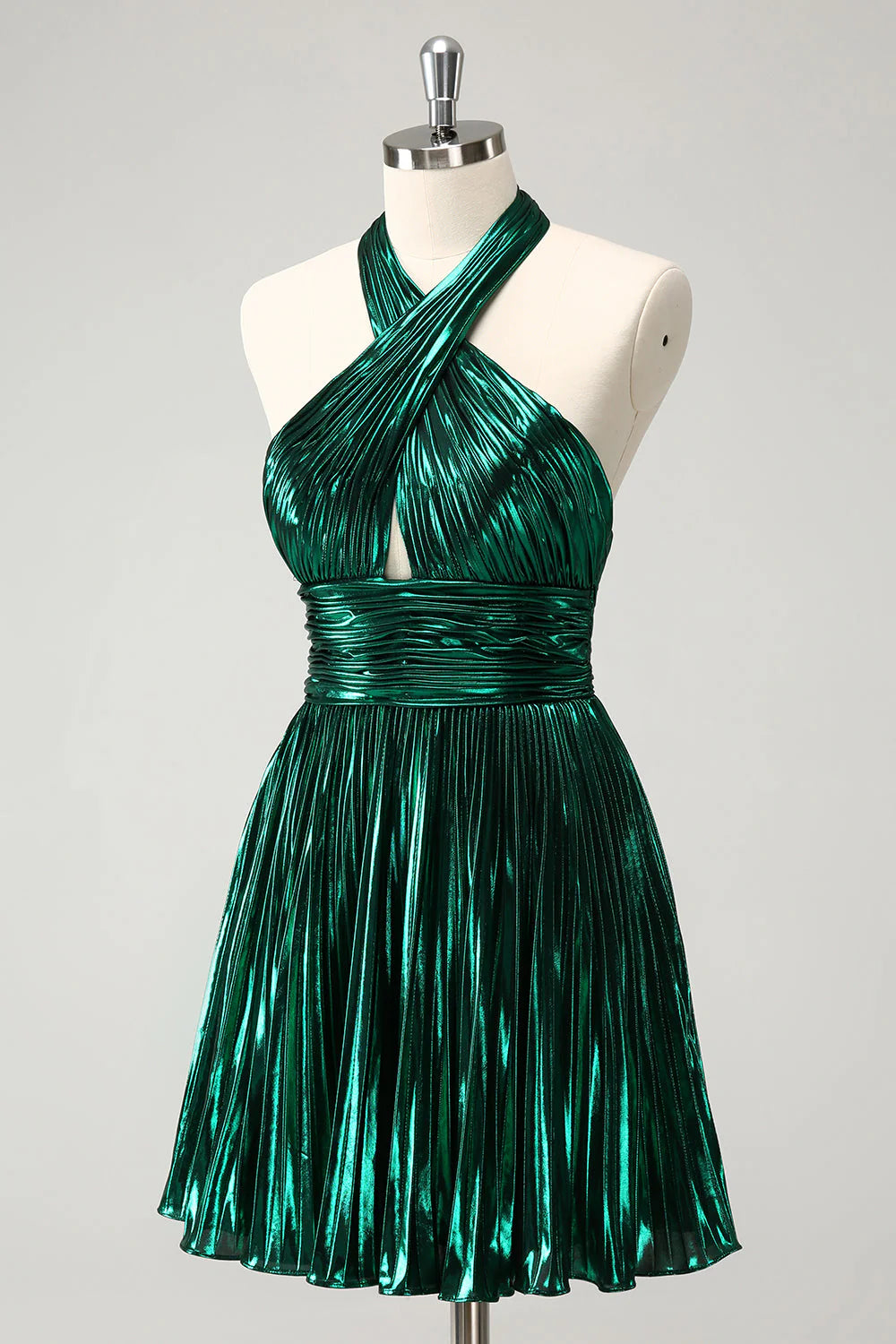 Amzcw Glitter Dark Green Halter A-Line Pleated Metallic Homecoming Dress