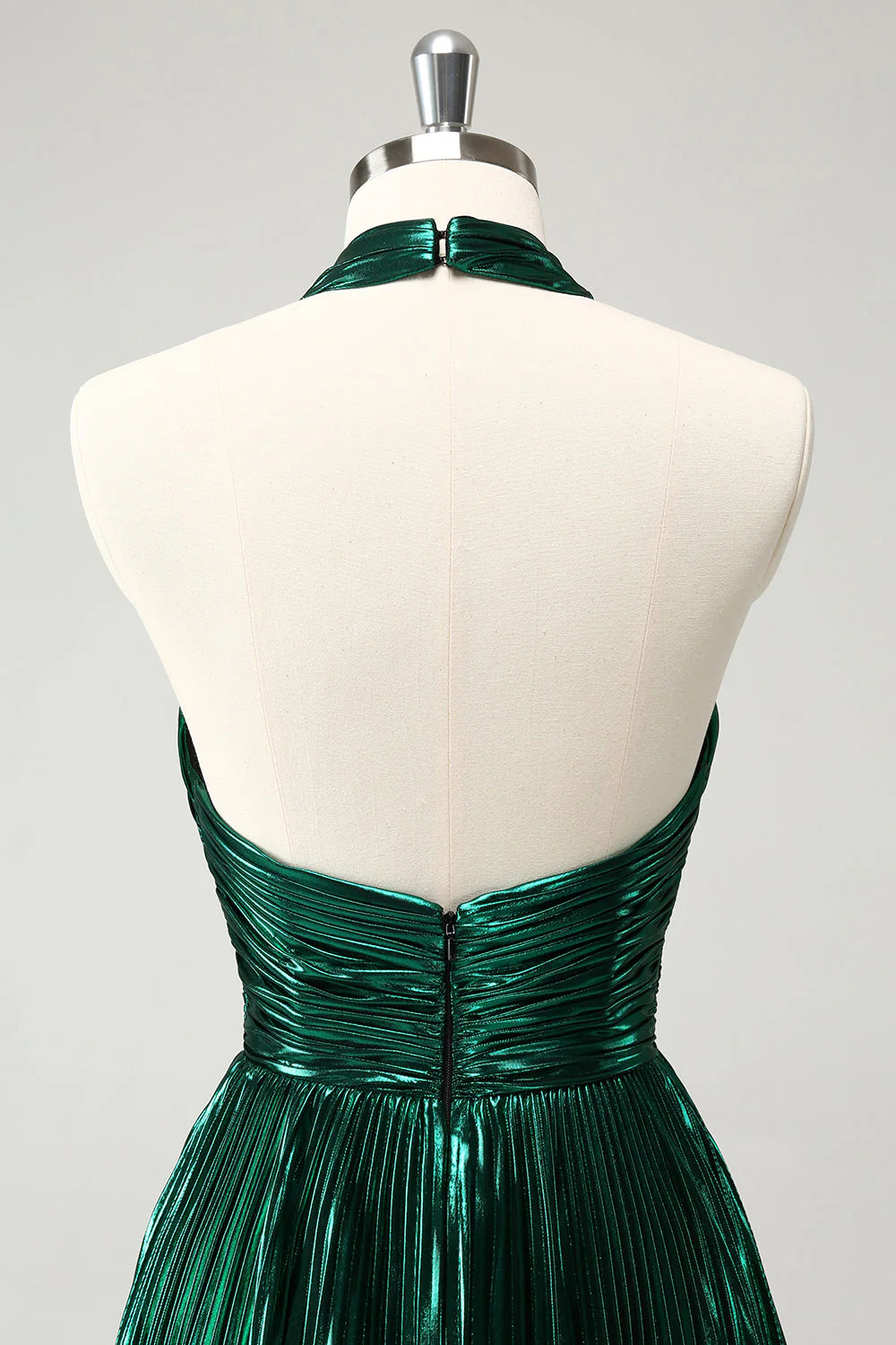 Amzcw Glitter Dark Green Halter A-Line Pleated Metallic Homecoming Dress