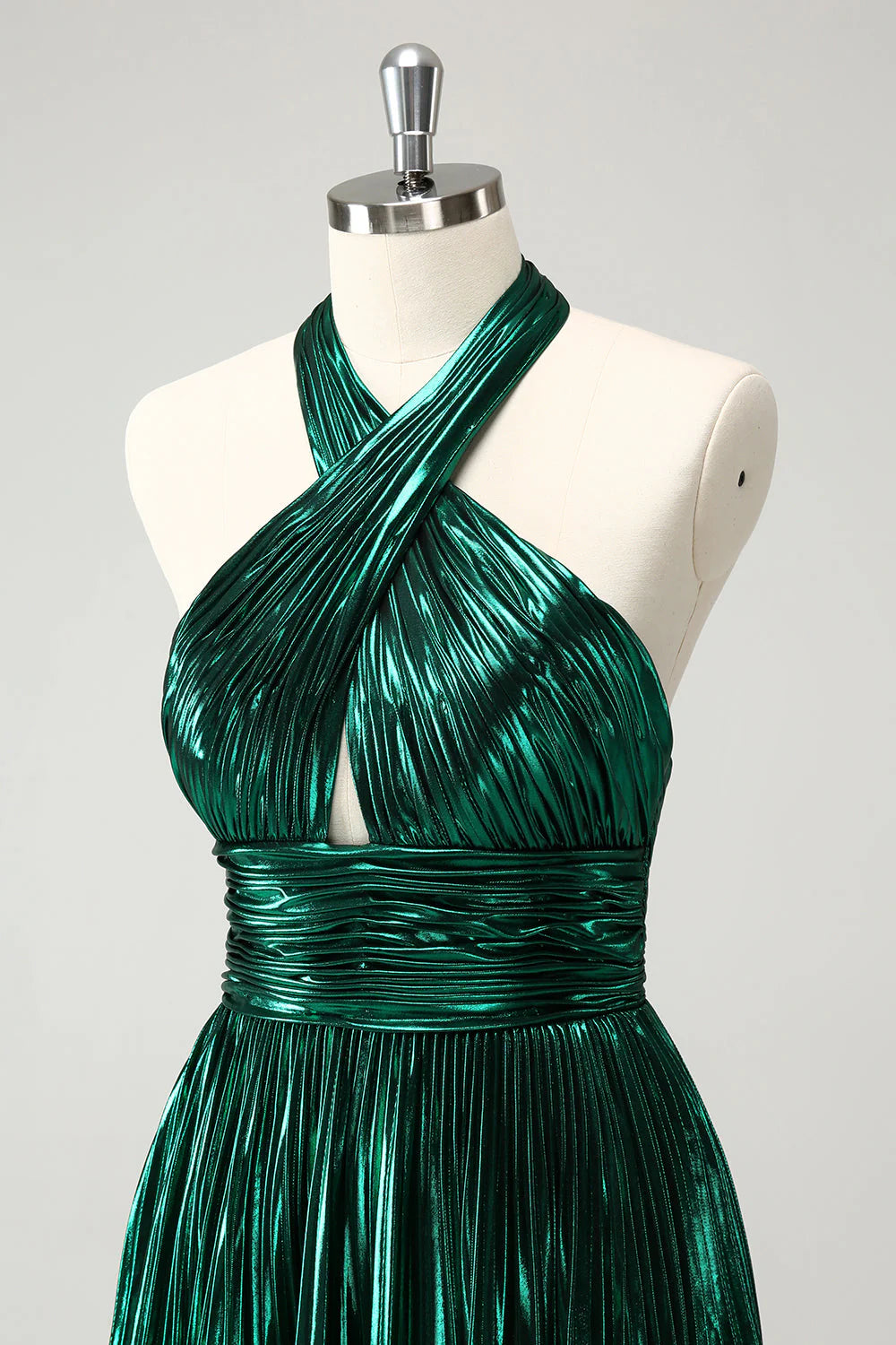 Amzcw Glitter Dark Green Halter A-Line Pleated Metallic Homecoming Dress