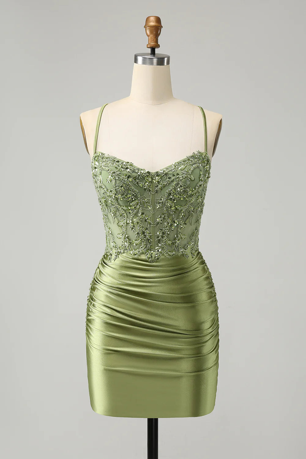 Amzcw Sparkly Light Green Spaghetti Straps Sequins Corset Homecoming Dress