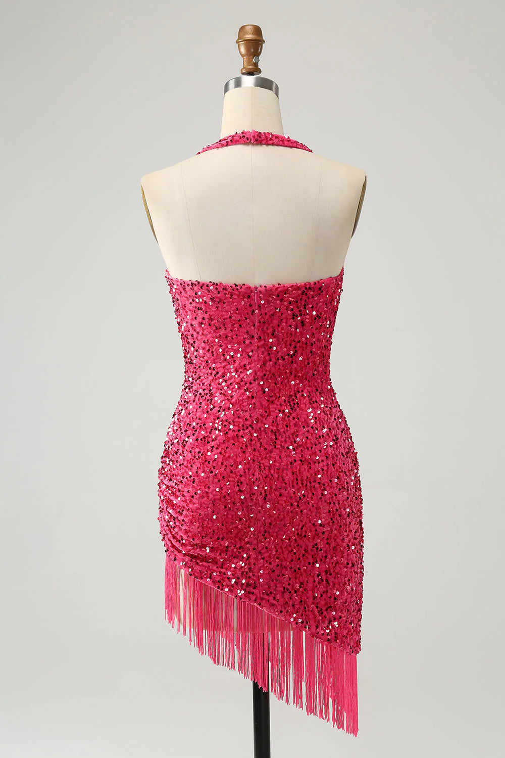 Amzcw Sparkly Fuchsia Bodycon Halter Sequin Short Homecoming Dress with Tassels