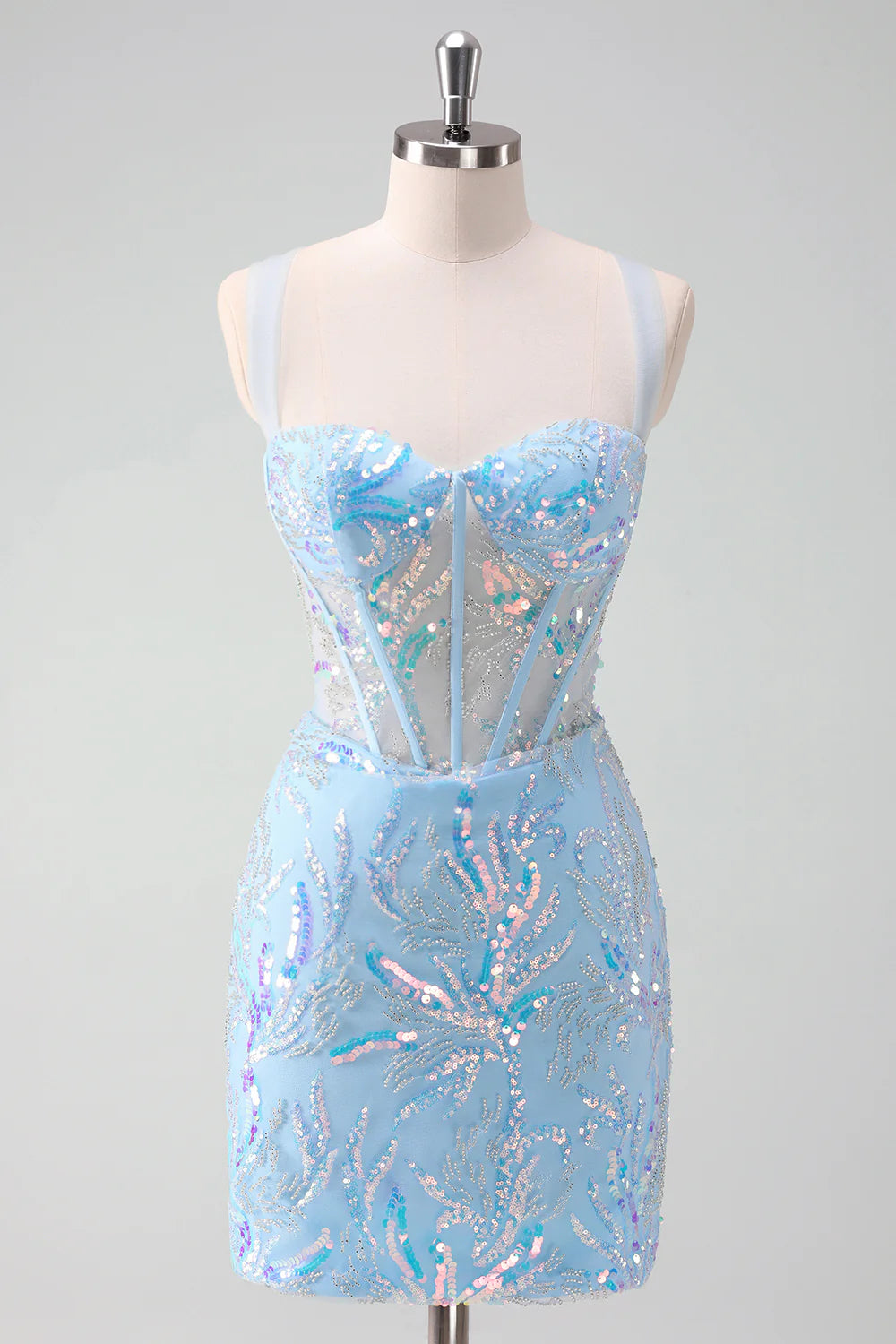 Amzcw Sparkly Light Blue Spaghetti Straps Lace Up Back Corset Tight Homecoming Dress with Sequins