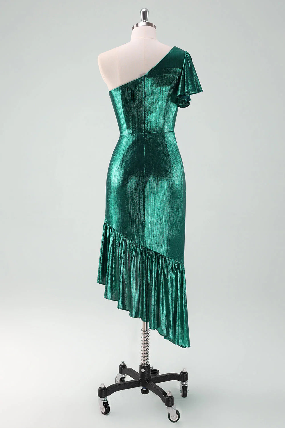 Amzcw Dark Green Metallic One Shoulder Mermaid Cocktail Dress with Ruffles