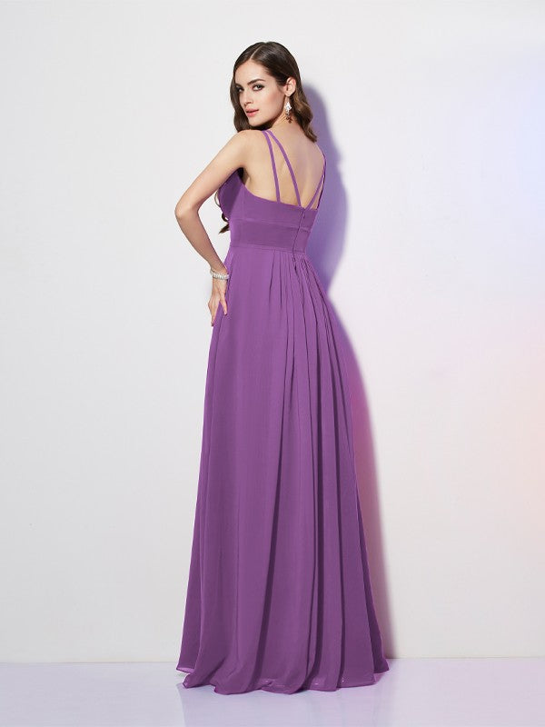 Sheath/Column Spaghetti Straps Sleeveless Pleats Long Chiffon Bridesmaid Dresses
