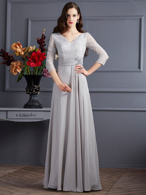 Vestidos largos de gasa con apliques y escote en V, corte A/princesa, mangas 3/4 para madre de la novia
