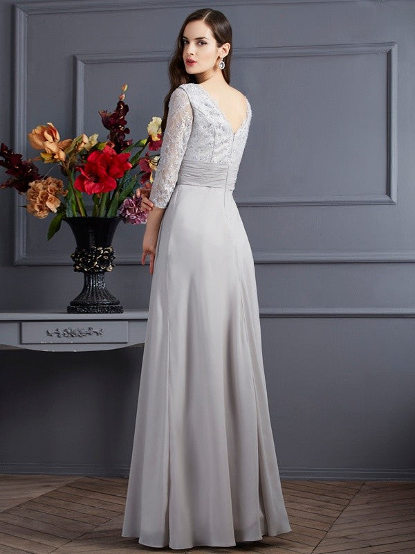 Vestidos largos de gasa con apliques y escote en V, corte A/princesa, mangas 3/4 para madre de la novia