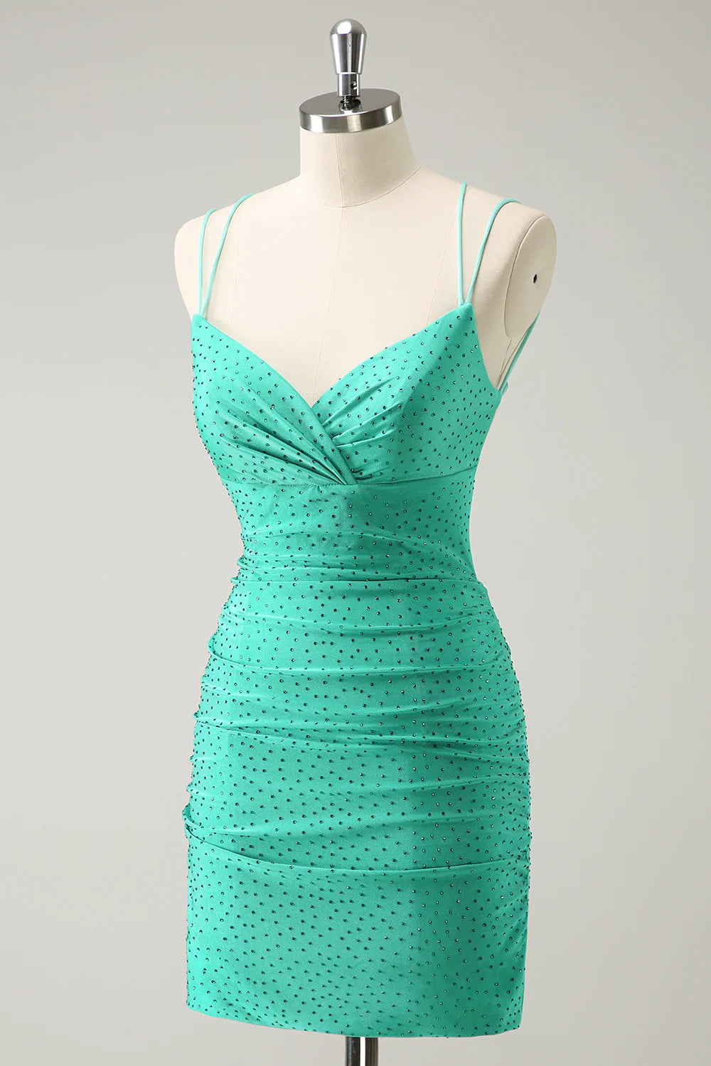 Amzcw Sparkly Green Spaghetti Straps Sequins Corset Tight Homecoming Dress with Beading