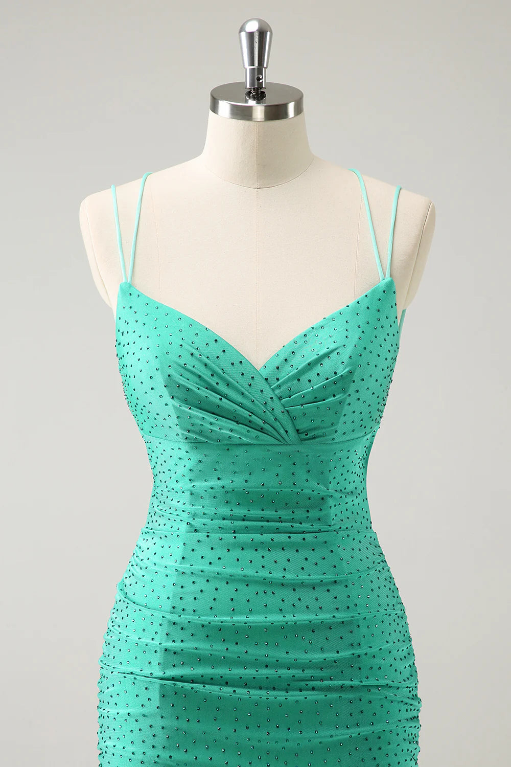 Amzcw Sparkly Green Spaghetti Straps Sequins Corset Tight Homecoming Dress with Beading