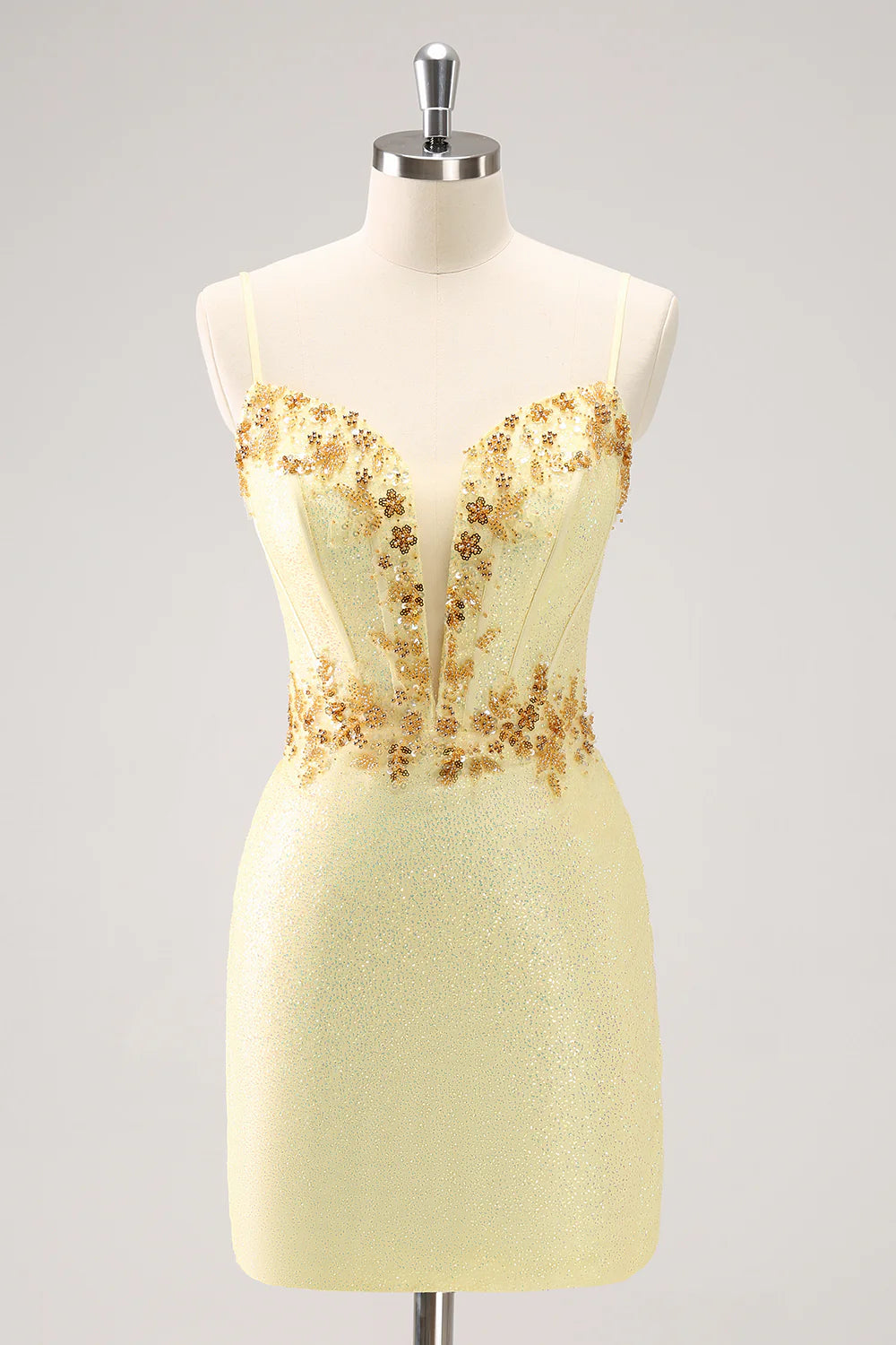 Amzcw Sparkly Yellow Bodycon Corset Short Homecoming Dress with Beading