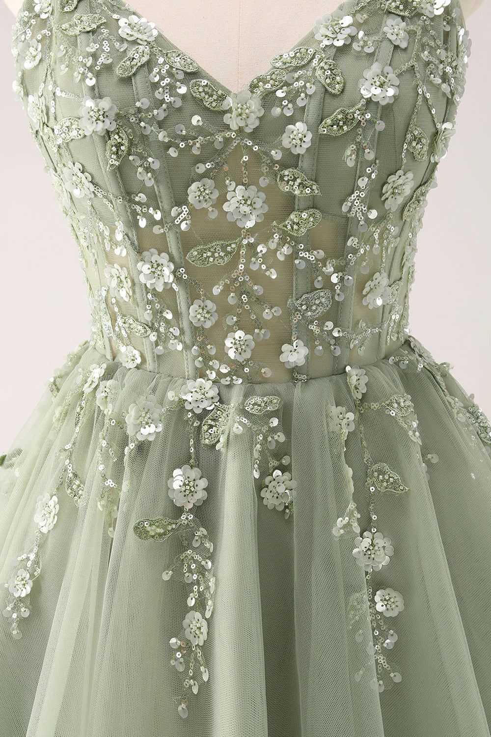 Amzcw Green A Line Spaghetti Straps Tulle Corset Sequins Homecoming Dress with Appliques