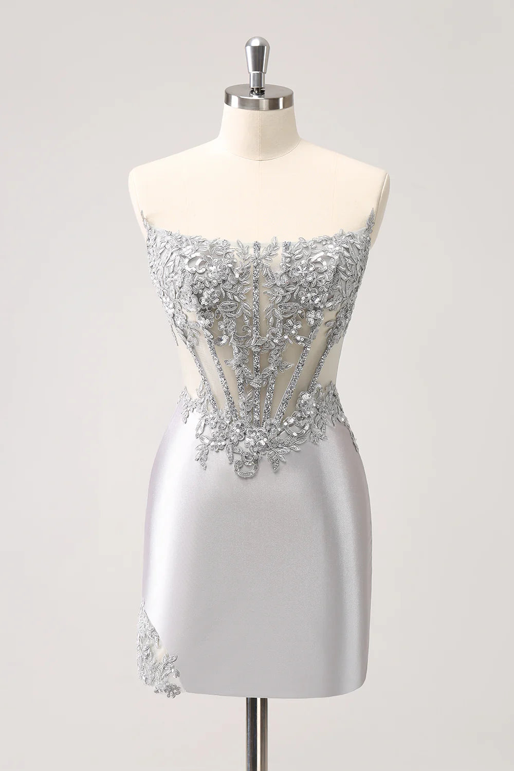 Amzcw Glitter Silver Corset Strapless Homecoming Dress