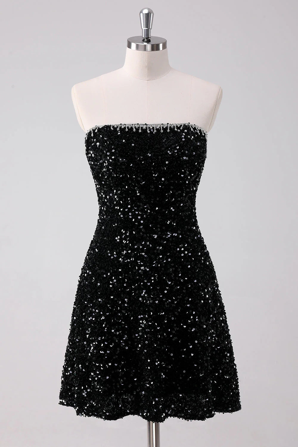 Amzcw Sparkly Black A Line Strapless Short Homecoming Dress with Sequins