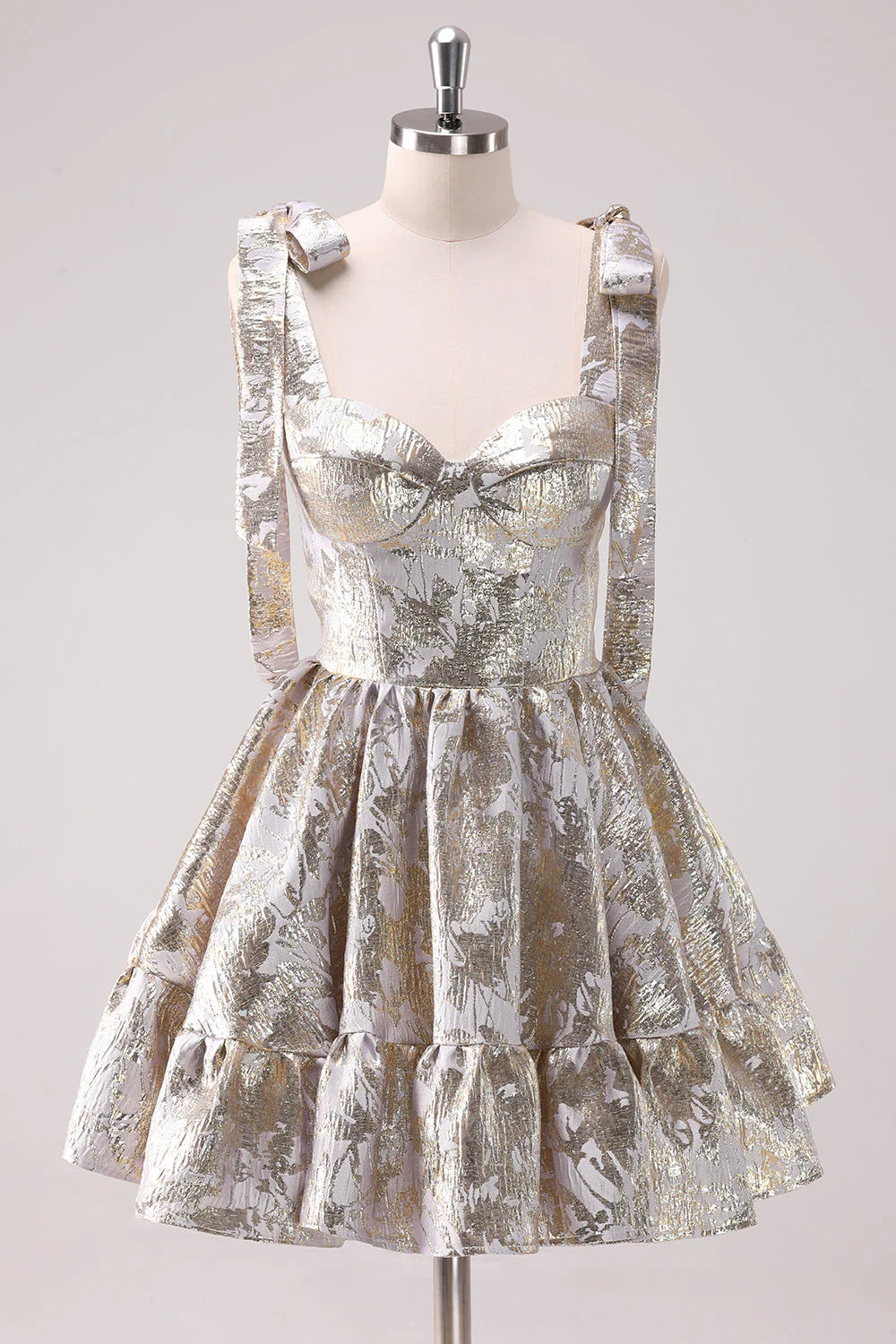 Amzcw Silver Adjustable Straps A Line Short Metallic Homecoming Dress with Ruffles