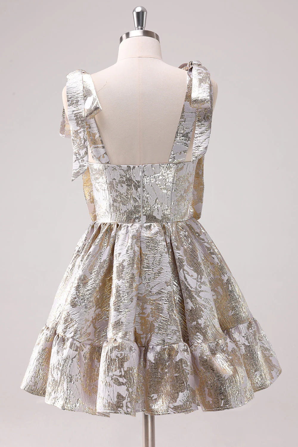 Amzcw Silver Adjustable Straps A Line Short Metallic Homecoming Dress with Ruffles
