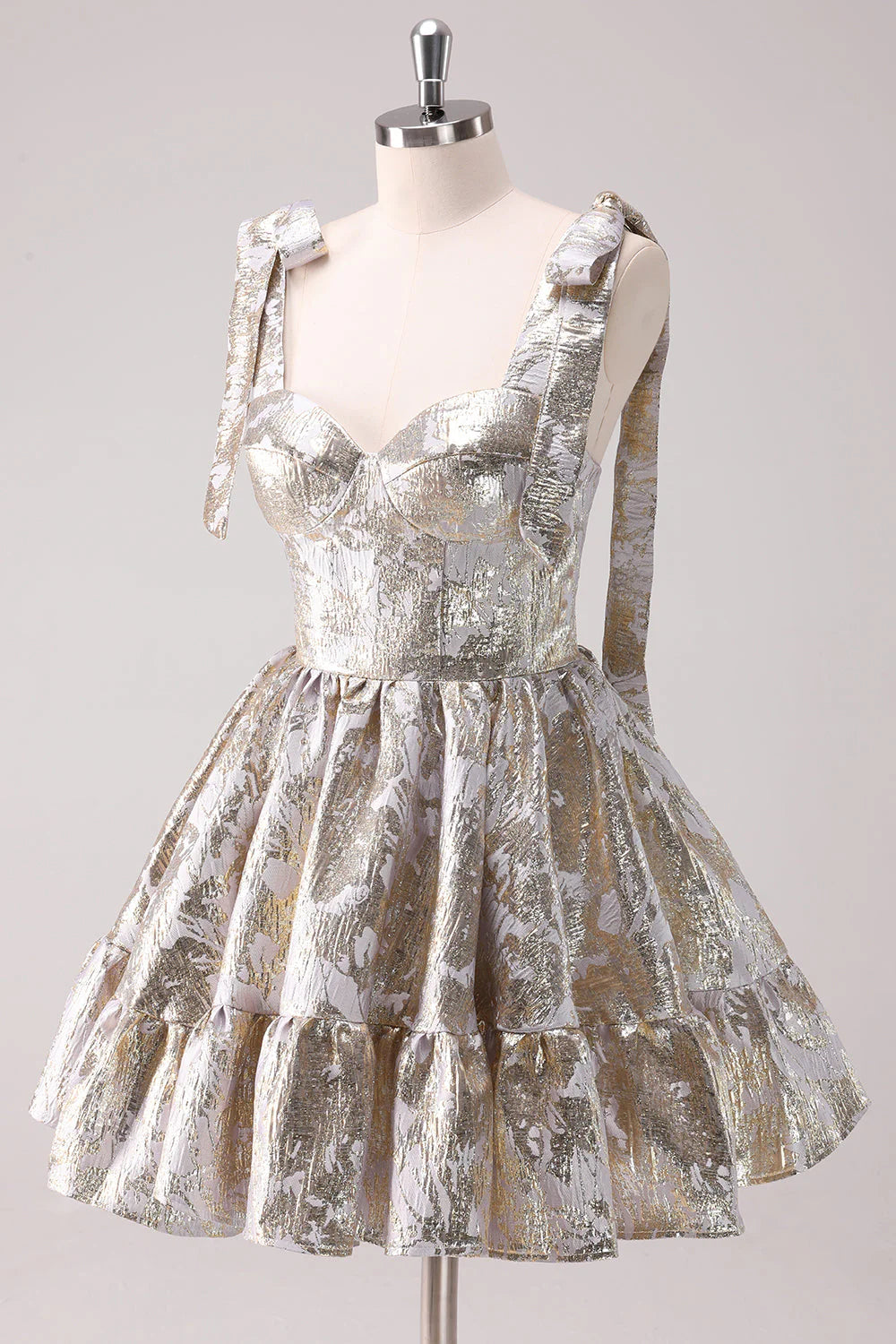 Amzcw Silver Adjustable Straps A Line Short Metallic Homecoming Dress with Ruffles