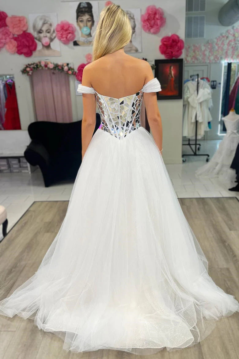 Vestidos de fiesta largos de tul con corte en A, hombros descubiertos y espejo de cristal tallado