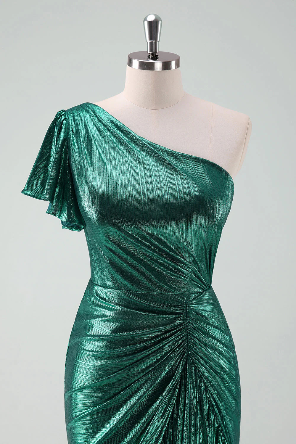 Amzcw Dark Green Metallic One Shoulder Mermaid Cocktail Dress with Ruffles