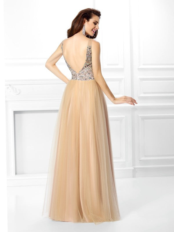 Vestidos de quinceañera largos de satén sin mangas con escote en V y cuentas