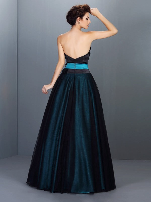 Ball Gown Strapless Feathers/Fur Sleeveless Long Elastic Woven Satin Quinceanera Dresses