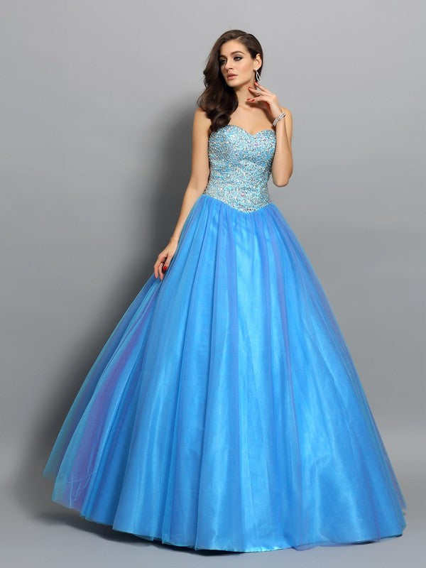 Ball Gown Sweetheart Beading Sleeveless Long Tulle Quinceanera Dresses