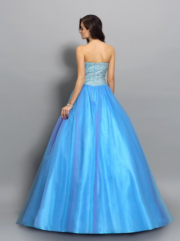 Ball Gown Sweetheart Beading Sleeveless Long Tulle Quinceanera Dresses