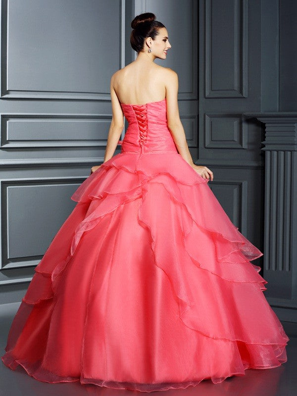 Ball Gown Strapless Hand-Made Flower Sleeveless Long Organza Quinceanera Dresses