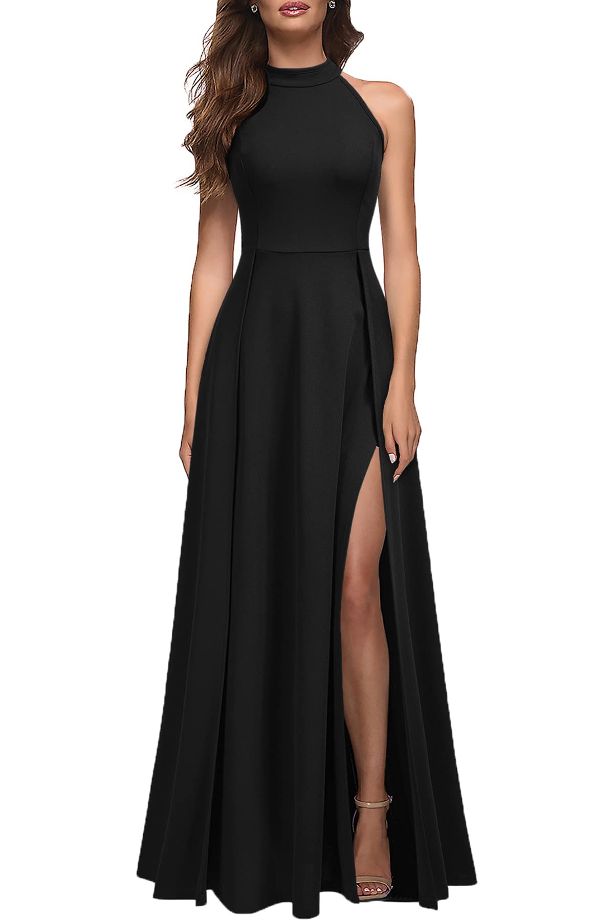 Amzcw - Vestido largo de cóctel con cuello halter y abertura para mujer, vestido formal de noche