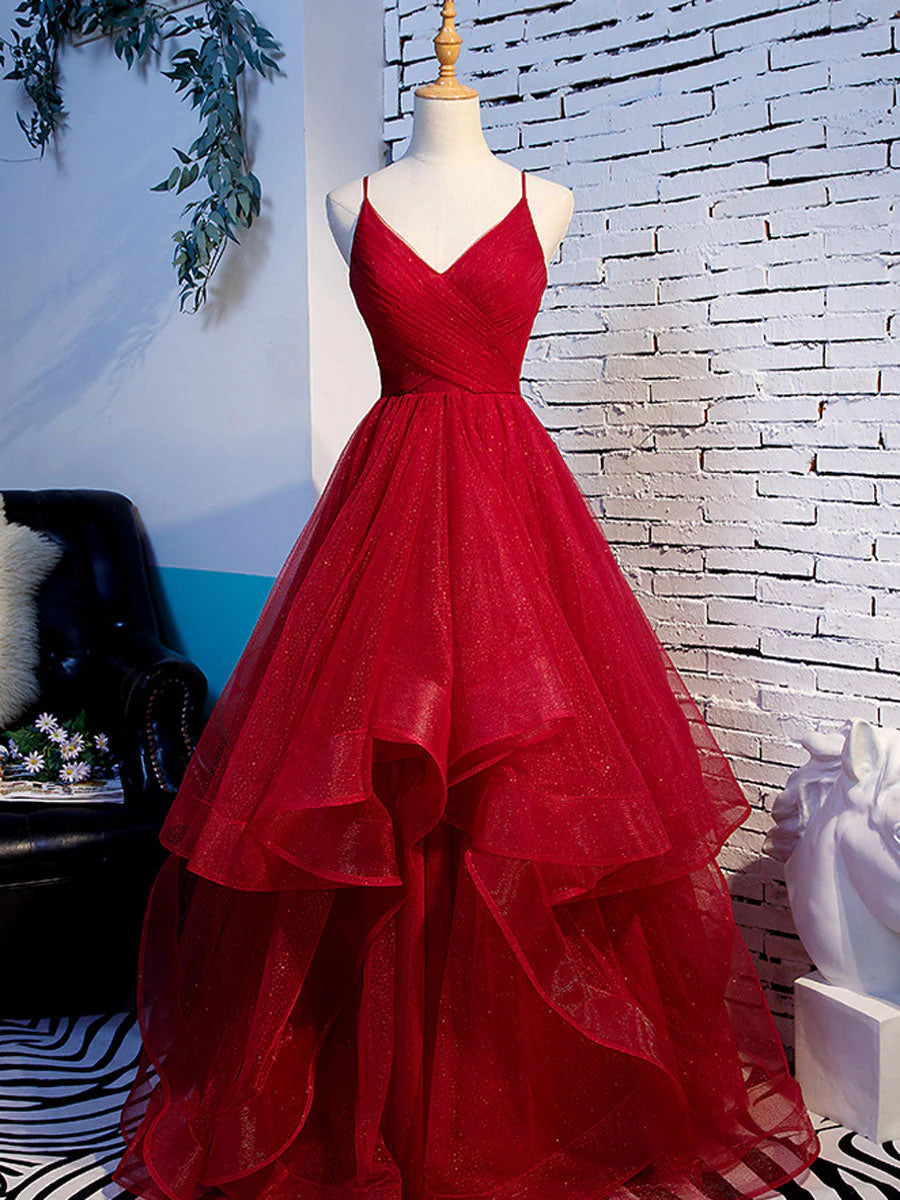 Vestidos de fiesta de corte A con volantes rojos, tirantes finos, escote en V, espalda descubierta, vestidos de noche largos